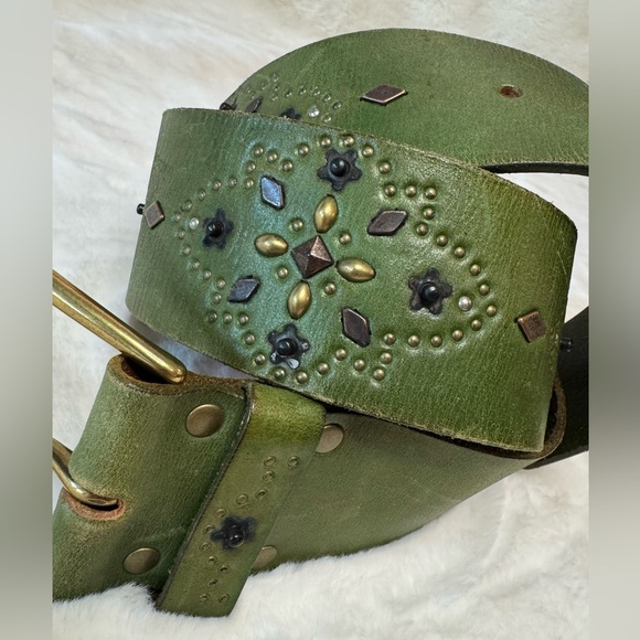 Linea Pelle Genuine Leather Green Vtg Bohemian Western Belt, Solid Brass Buckle - Picture 4 of 15